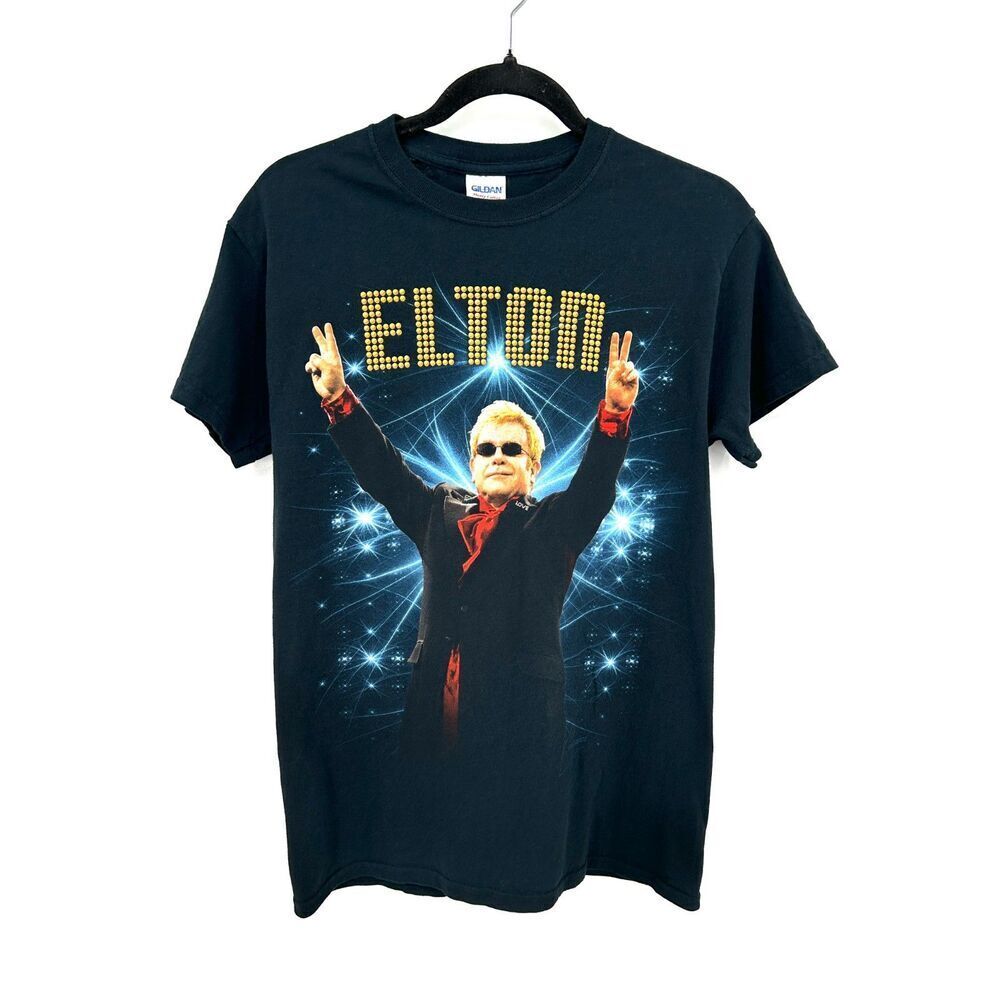 ELTON JOHN 2014 Black Graphic Print Concert Tour Tee T-Shirt Size Small